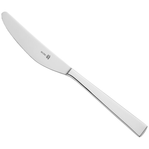 A Sola stainless steel dessert knife with a silver handle.