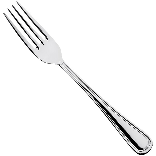 A close-up of a Sola the Netherlands Windsor stainless steel dessert fork with a silver handle.