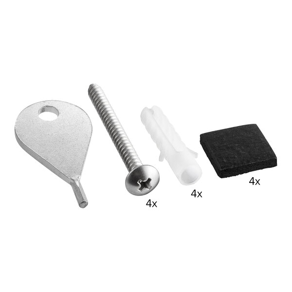 A silver triple bottle bracket for Novo hotel amenities with a screw and a screwdriver.