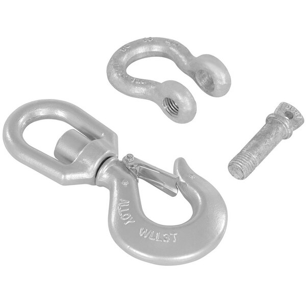 A close-up of a Vestil steel swivel hook with a bolt.