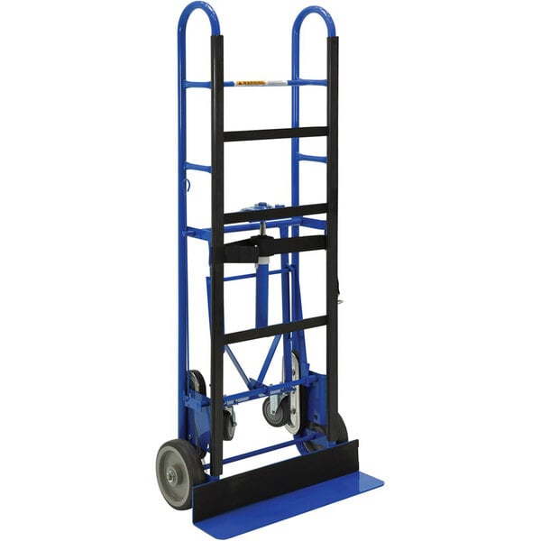A blue and black Vestil appliance hand truck with wheels and a handle.