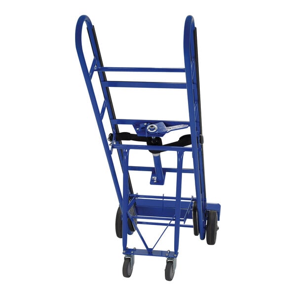 A blue Vestil appliance hand truck with wheels.