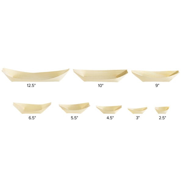 EcoChoice disposable wooden food boats in a row on a white background.