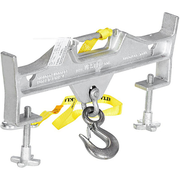 A steel double rigid hoist optioning hook with a chain and yellow strap.