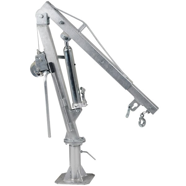 A Vestil steel jib crane with a pulley and lever attachment.