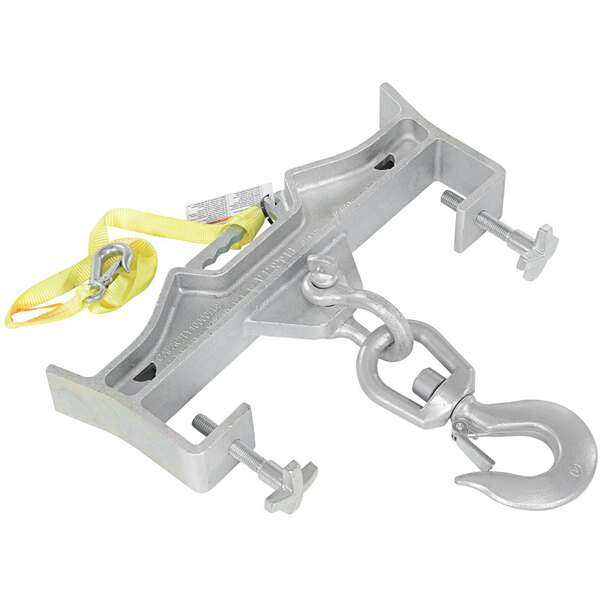 A steel double swivel hoist optioning hook with a yellow strap attached.