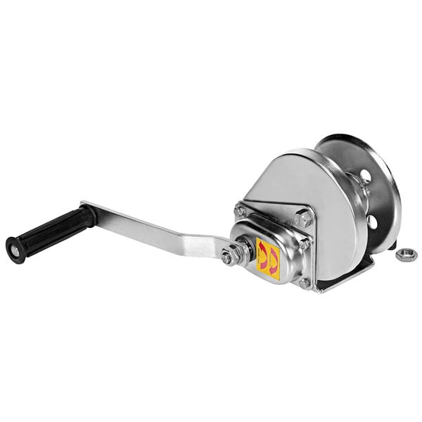 A Vestil stainless steel hand winch with a black handle.