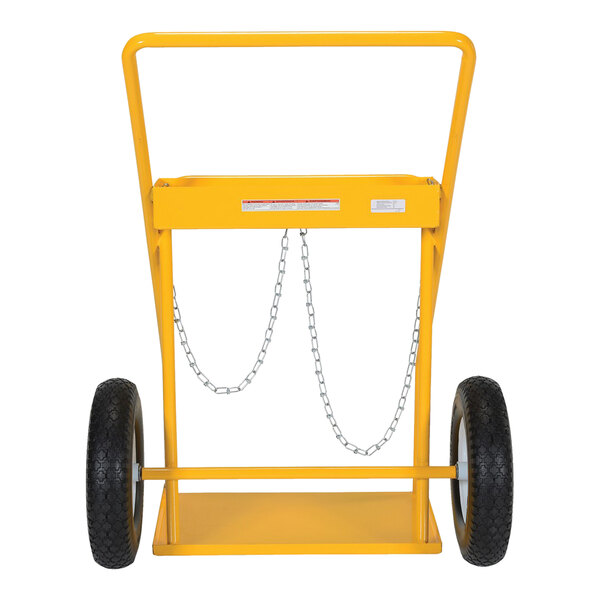 A yellow Vestil steel cylinder cart with 16" wheels and chains.