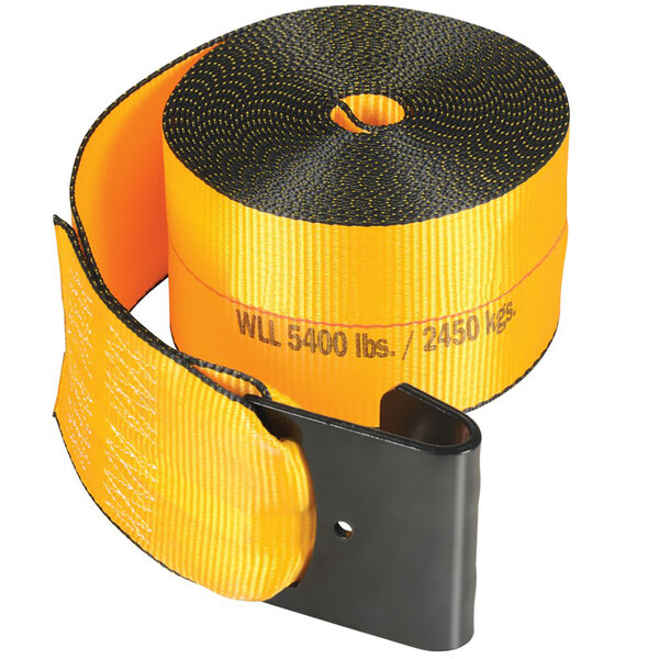 A yellow polyester winch strap with black metal ends.