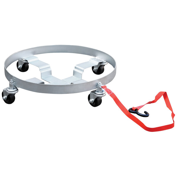 A Vestil steel drum dolly with wheels and a red strap.