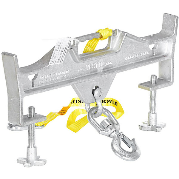 A steel double swivel hoist optioning hook with a chain attached.