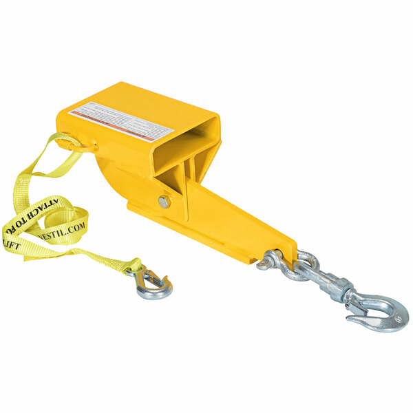 A yellow metal object with a steel hook and yellow strap.