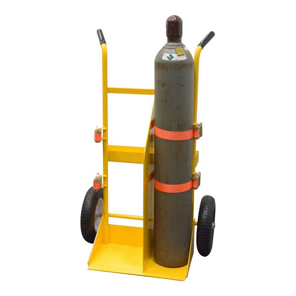 A yellow Vestil welding torch/cylinder cart with two cylinders on it.