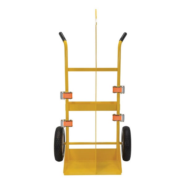 A yellow welding torch and cylinder cart with two large wheels, designed to hold two cylinders and equipped with a lift eye.
