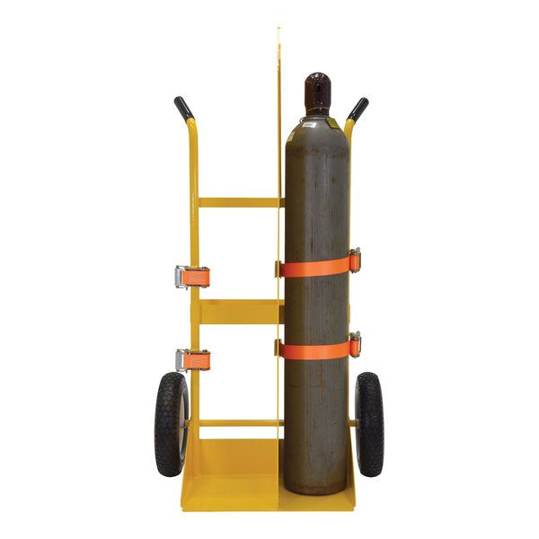 A yellow welding torch and cylinder cart with two large wheels, designed to hold and transport gas cylinders.