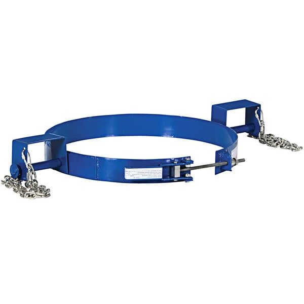 A blue metal Vestil drum ring with chains attached.