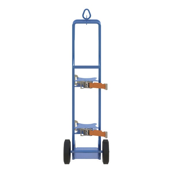 A blue Vestil hand truck with two wheels.