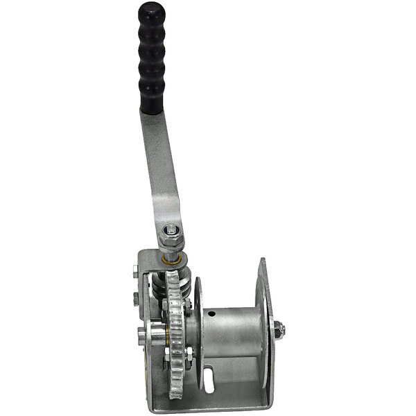 A Vestil steel wall mounted hand winch with a black handle.