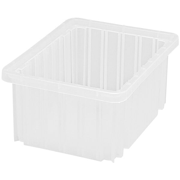 A Quantum heavy-duty clear plastic dividable container with a lid.