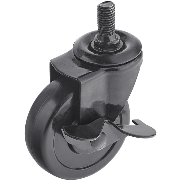 A black Backyard Pro swivel stem caster with a screw on the end.