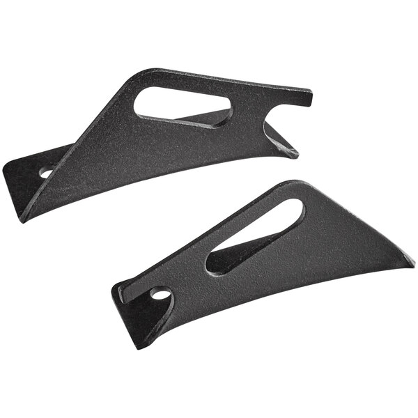 A pair of black metal Backyard Pro front shelf brackets.