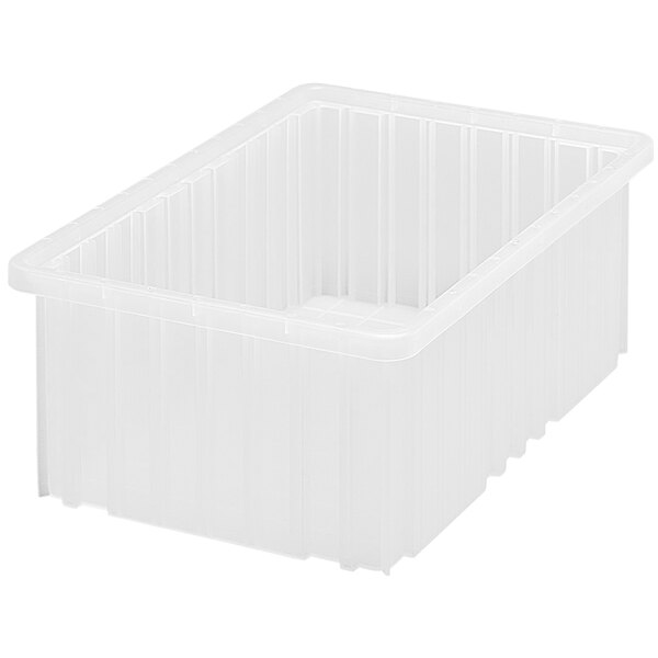 A Quantum heavy-duty clear plastic dividable container.