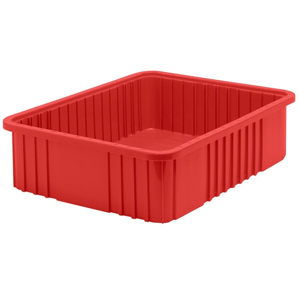 A Quantum red plastic dividable container with a square bottom.