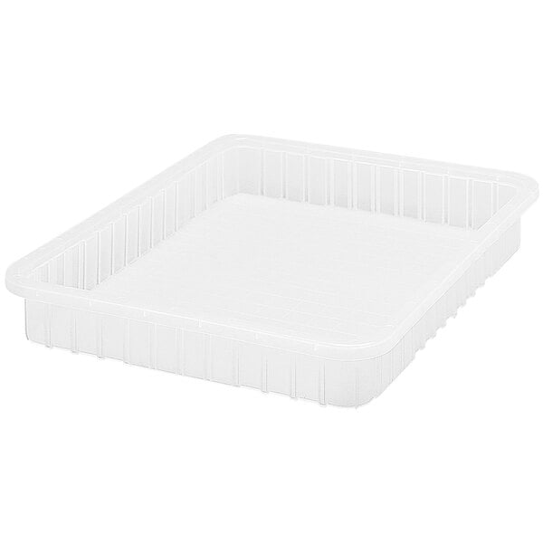 A clear plastic Quantum heavy-duty dividable container with a lid.