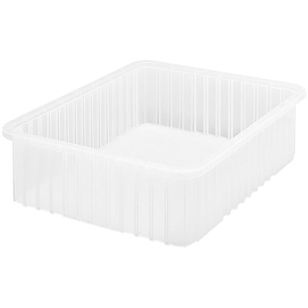 A clear plastic Quantum heavy-duty dividable container with a lid.