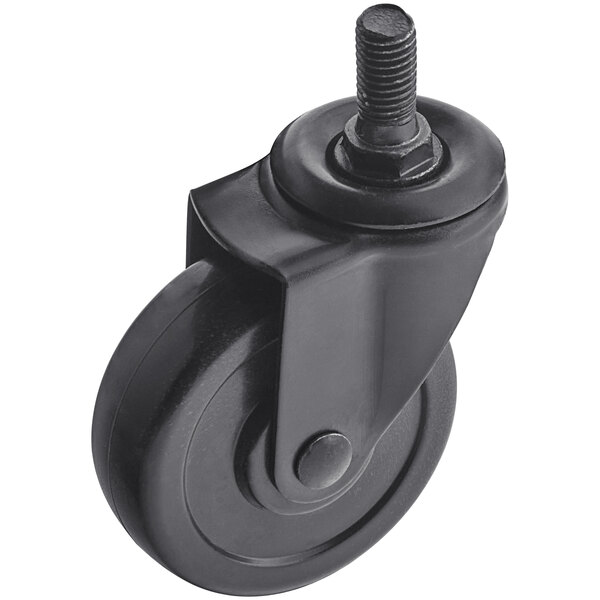 A black Backyard Pro swivel stem caster with a screw end.