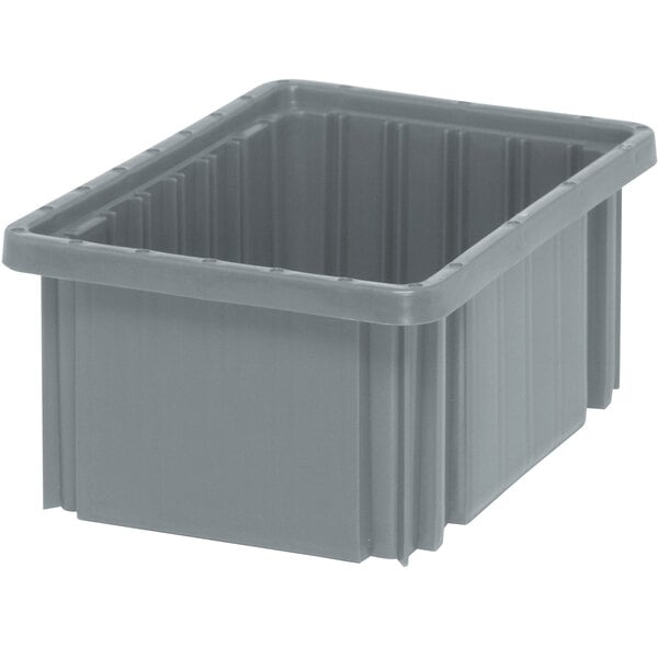 A grey Quantum heavy-duty plastic container with a square top.