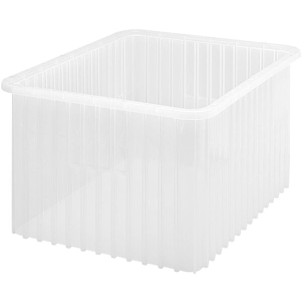 A heavy-duty clear plastic dividable container with a lid.