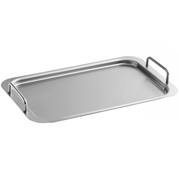 A stainless steel Backyard Pro side table tray with handles.