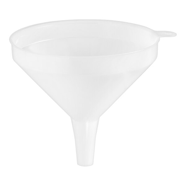A white plastic funnel with a wide mouth and narrow spout.