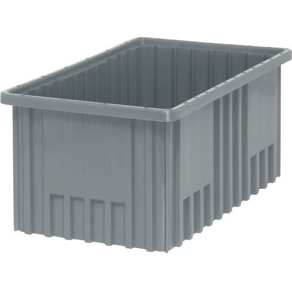 A gray plastic Quantum heavy-duty dividable container.