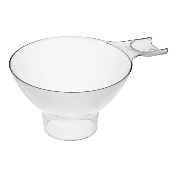 A white plastic canning funnel with a wide mouth and a handle, designed for transferring liquids or solids into jars.