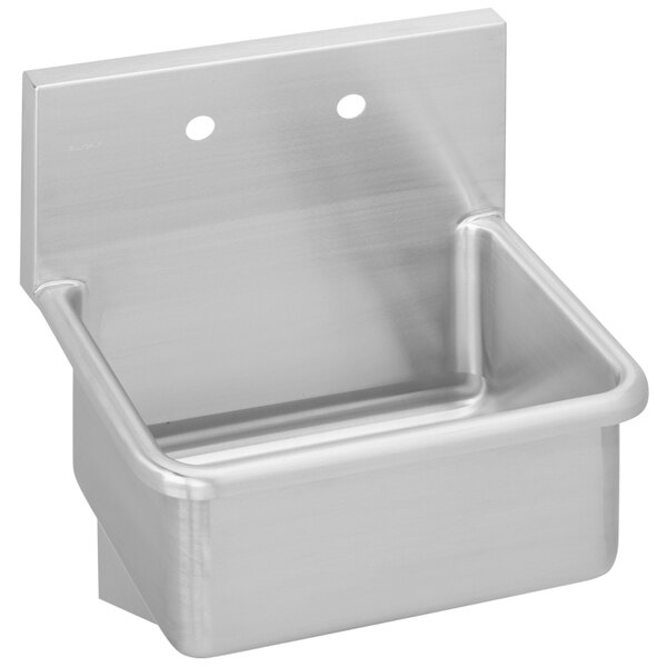 An Elkay stainless steel wall mounted utility sink with two holes.