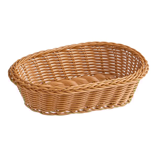 An Acopa dark brown woven plastic rattan basket on a white background.