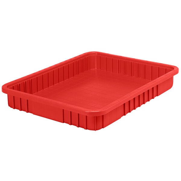 A red rectangular Quantum heavy-duty plastic container.