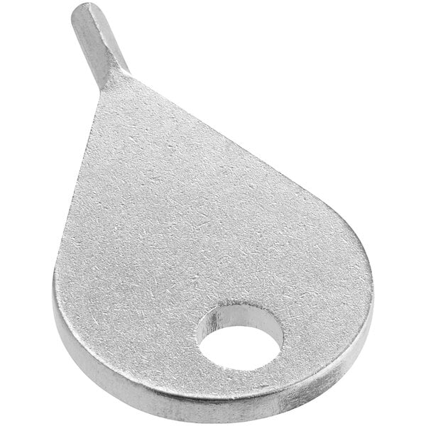 A silver metal Lavex hotel amenity bracket key with a hole in the end.