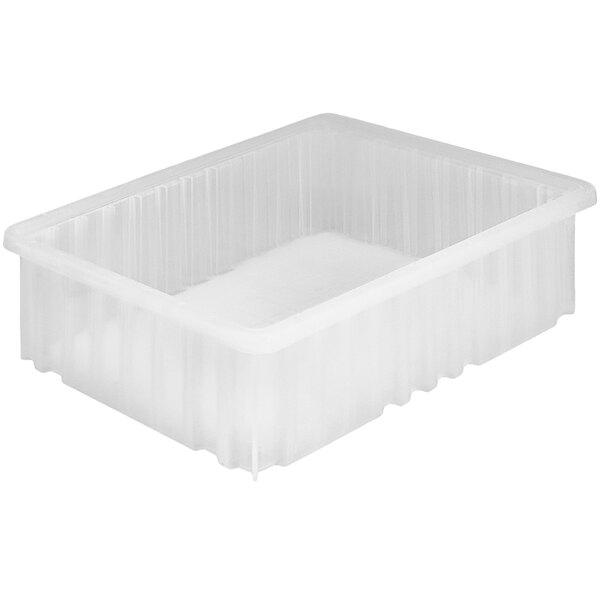 A clear plastic Quantum dividable container with a lid.