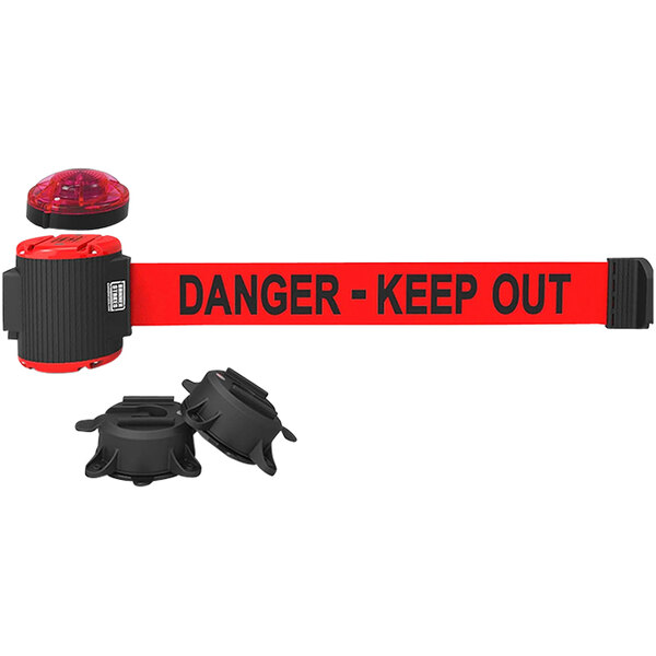 A red and black Banner Stakes wall mount with a red light and warning belt.