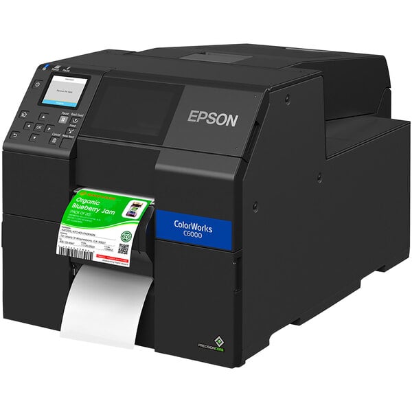 An Epson ColorWorks label printer with a label peeler.