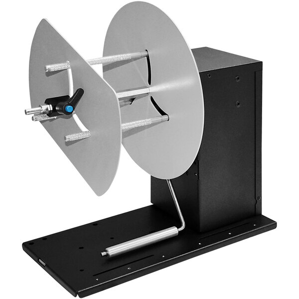 A black and silver Epson Rewinder stand with a metal reel.