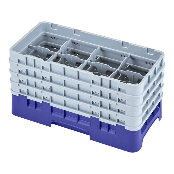 A navy blue plastic Cambro half size glass rack with 8 compartments and 4 extenders.