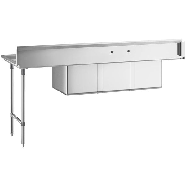 A Regency stainless steel soiled dish table with a 3-compartment sink and right drainboard.