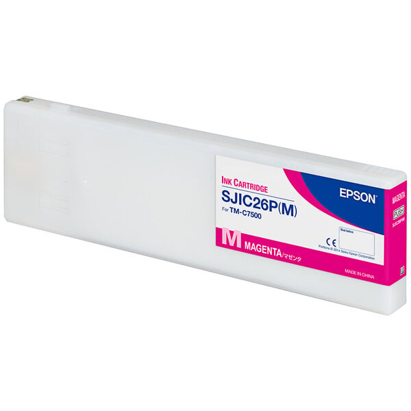 A white rectangular Epson ink cartridge with a magenta label.