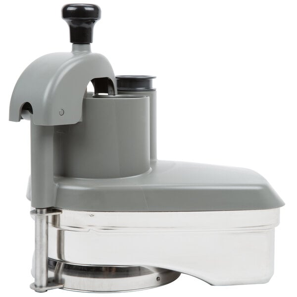 A Robot Coupe vegetable prep attachment with a black handle on a silver base.