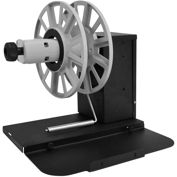 An Epson RW6000A label rewinder with a white wheel on top of a black and silver stand.