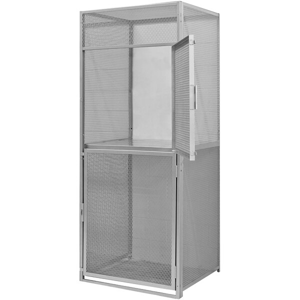 A metal locker cabinet with a door open.